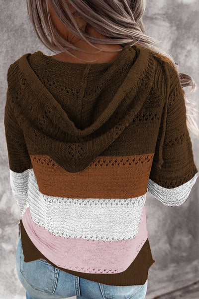 Wisherryy Fashion Hooded Leopard Stitched Knit Sweater