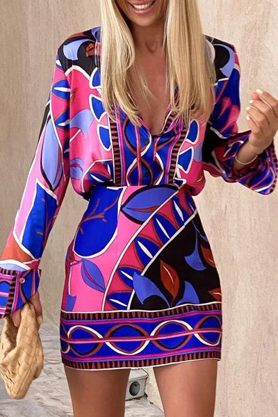 Elegant Geometric Print Printing Zipper V Neck Long Sleeve Two Pieces