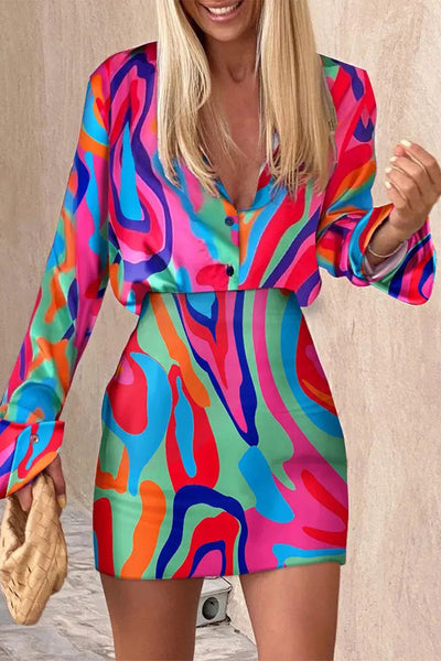 Elegant Geometric Print Printing Zipper V Neck Long Sleeve Two Pieces