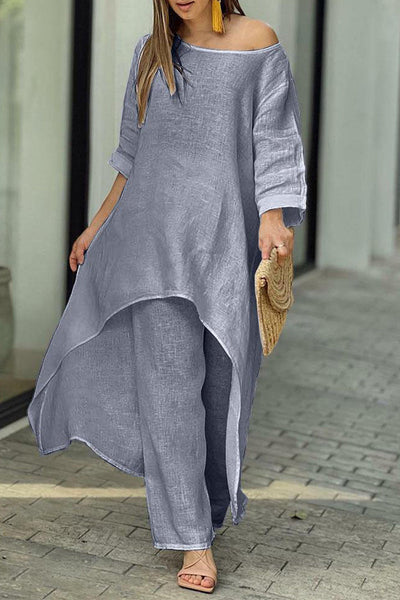 Casual Solid Asymmetrical O Neck Long Sleeve Two Pieces