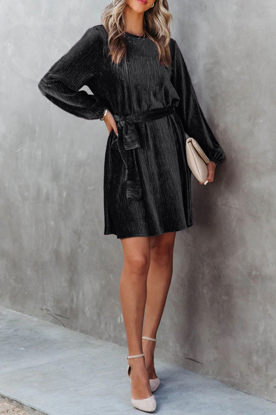 Casual Solid Bandage O Neck Waist Skirt Dresses