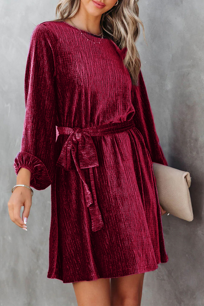 Casual Solid Bandage O Neck Waist Skirt Dresses