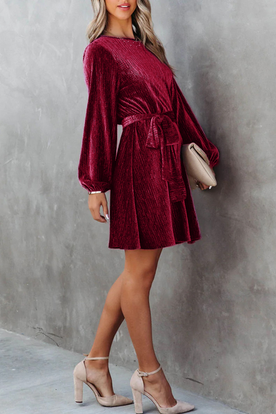 Casual Solid Bandage O Neck Waist Skirt Dresses