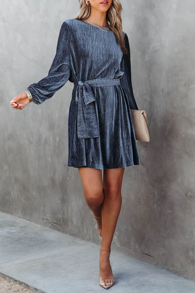 Casual Solid Bandage O Neck Waist Skirt Dresses
