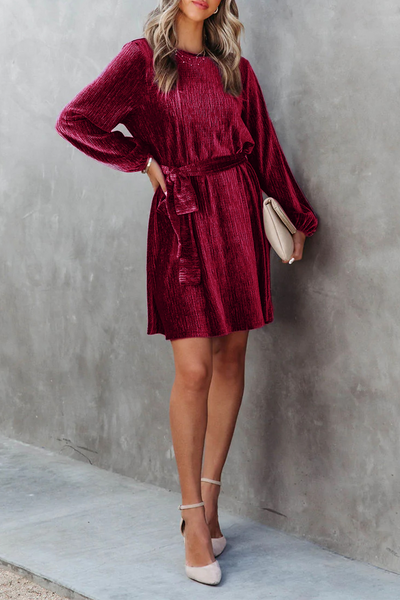 Casual Solid Bandage O Neck Waist Skirt Dresses