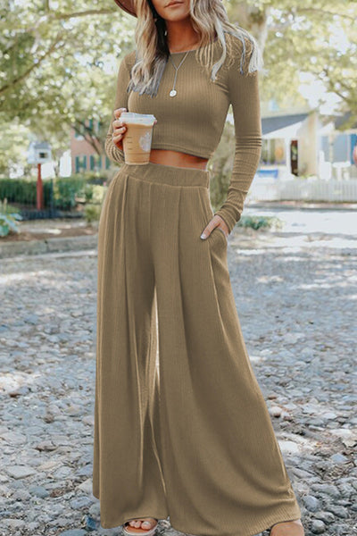 Fashion Solid Patchwork O Neck Long Sleeve Two Pieces