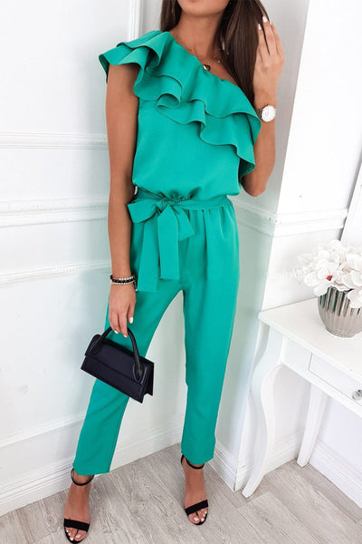 Sweet Elegant Solid Flounce Oblique Collar Regular Jumpsuits(5 Colors)