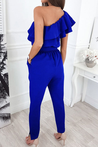 Sweet Elegant Solid Flounce Oblique Collar Regular Jumpsuits(5 Colors)