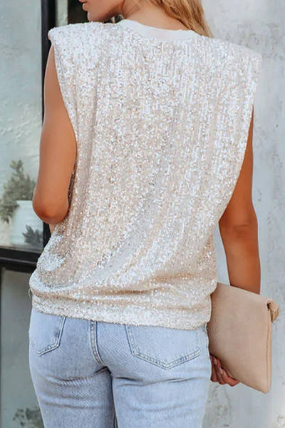 Solid Sequins O Neck Tops