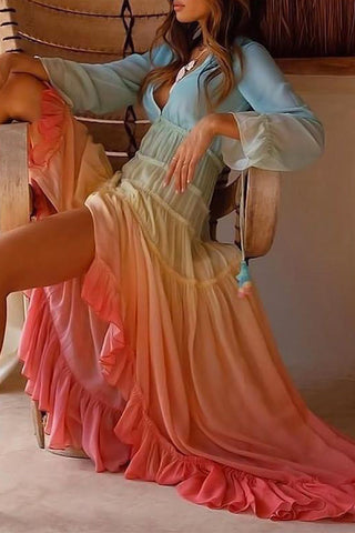 Elegant Gradual Change Patchwork Frenulum V Neck Printed Dress Dresses