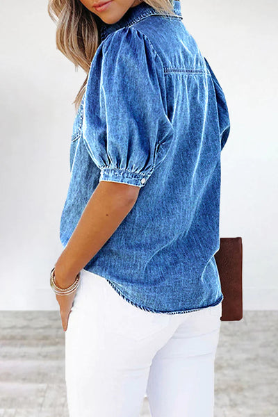 Casual Solid Patchwork Pocket Turndown Collar Tops