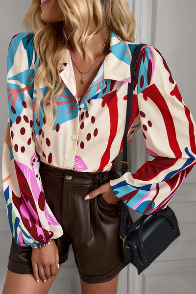 Work Print Printing Contrast Shirt Collar Tops