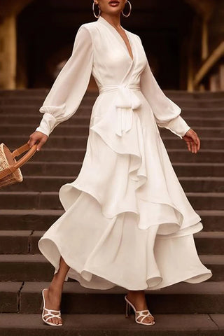 Elegant Simplicity Solid Flounce V Neck Irregular Dress Dresses