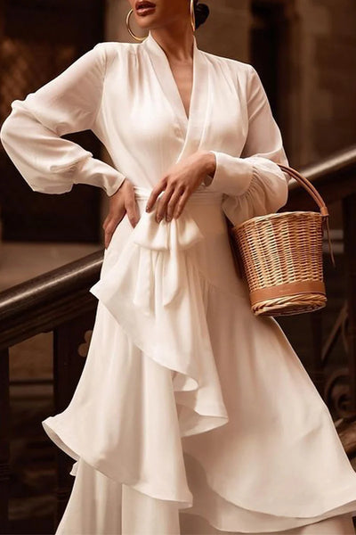 Elegant Simplicity Solid Flounce V Neck Irregular Dress Dresses