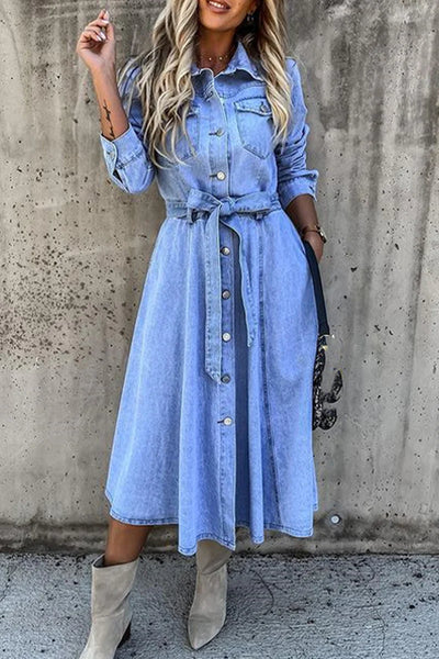 Work Elegant Solid Patchwork Pocket Frenulum Buckle Turndown Collar Long Sleeve High Waist Regular Denim Dresses