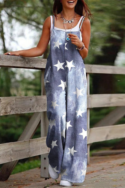 Casual Print Printing Square Collar Loose Jumpsuits