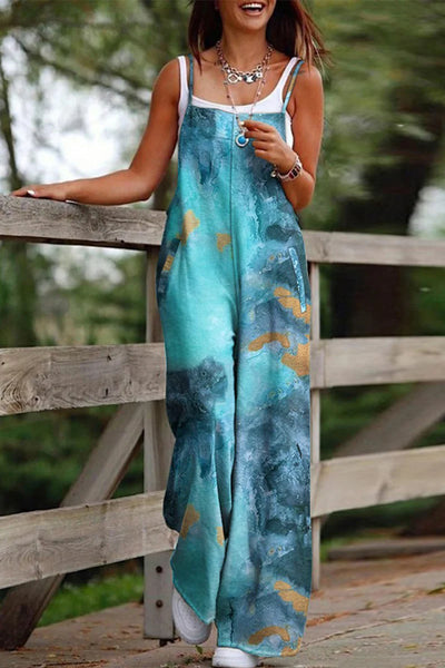 Casual Print Printing Square Collar Loose Jumpsuits