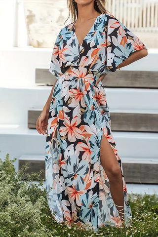 Sweet Elegant Floral Patchwork Slit V Neck Printed Dress Dresses