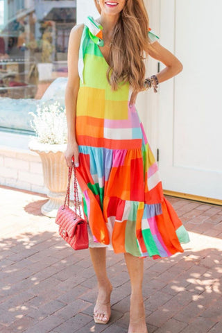 Sweet Bohemian Color Block Patchwork Frenulum V Neck Dresses