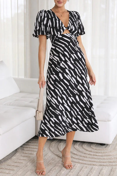 Sweet Elegant Geometric Patchwork V Neck Waist Skirt Dresses