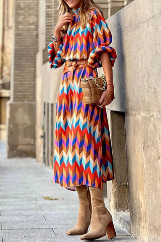 Work Elegant Geometric Patchwork Without Belt Half A Turtleneck A Line Dresses