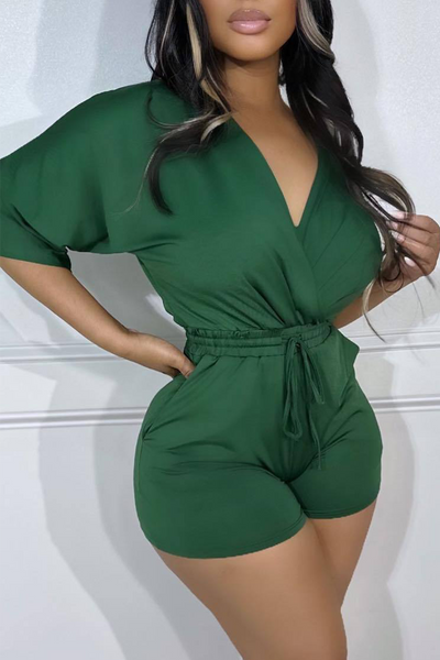 Sexy Solid Draw String V Neck Straight Jumpsuits