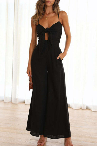 Casual Daily Solid With Bow V Neck Regular Jumpsuits