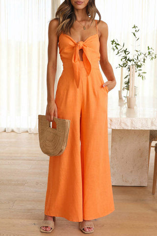 Casual Daily Solid With Bow V Neck Regular Jumpsuits