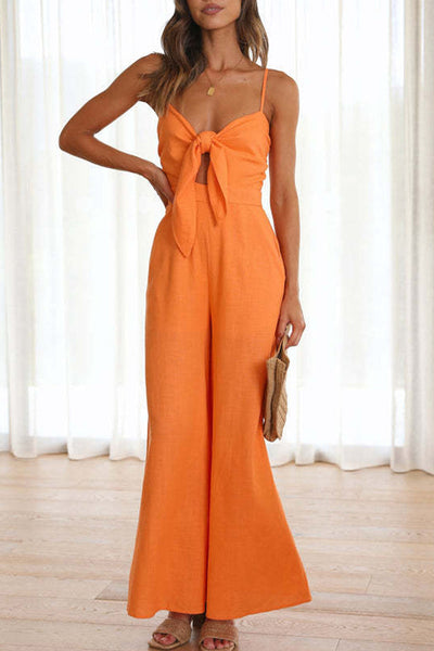 Casual Daily Solid With Bow V Neck Regular Jumpsuits