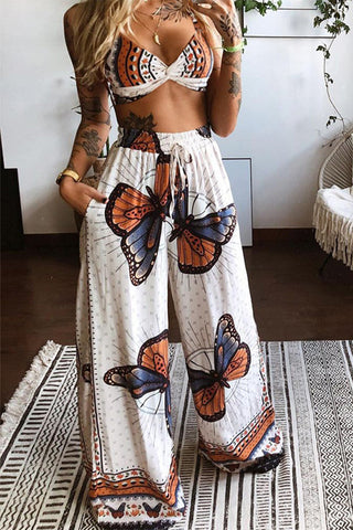 Sexy College Print Patchwork V Neck Sleeveless Two Pieces