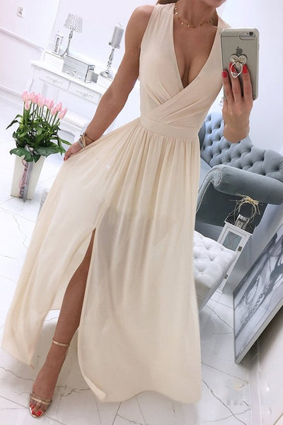Sexy Simplicity Solid Slit V Neck Princess Dresses