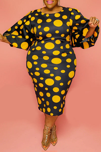 Casual Dot Print Patchwork O Neck Long Sleeve Plus Size Dresses