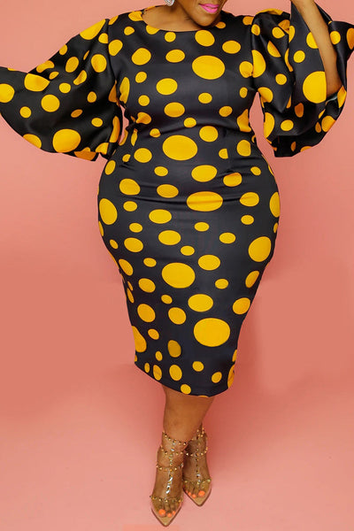 Casual Dot Print Patchwork O Neck Long Sleeve Plus Size Dresses