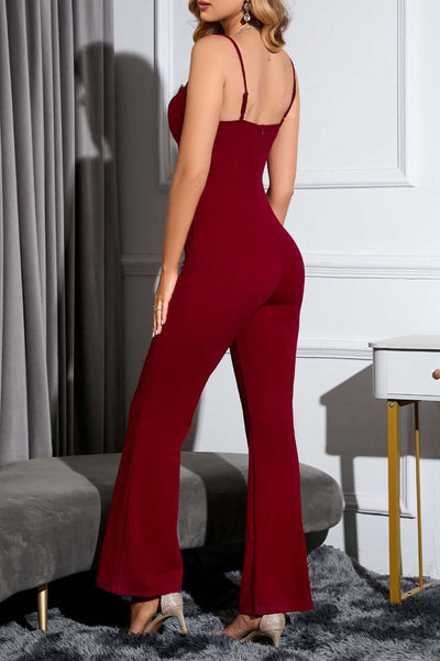 Sexy Celebrities Solid Lace Hollowed Out V Neck Skinny Jumpsuits