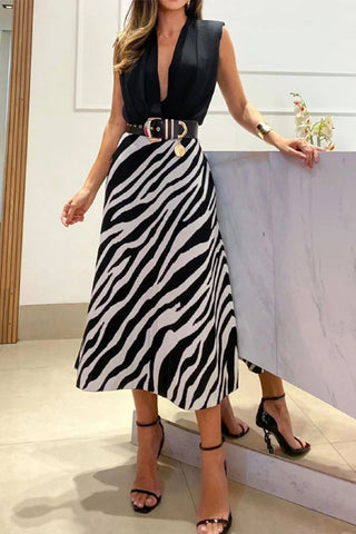 Celebrities Elegant Striped Print Patchwork Without Belt V Neck Sleeveless Two Pieces
