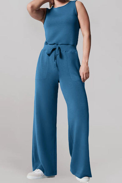 Casual Daily Solid Frenulum Buttons O Neck Loose Jumpsuits