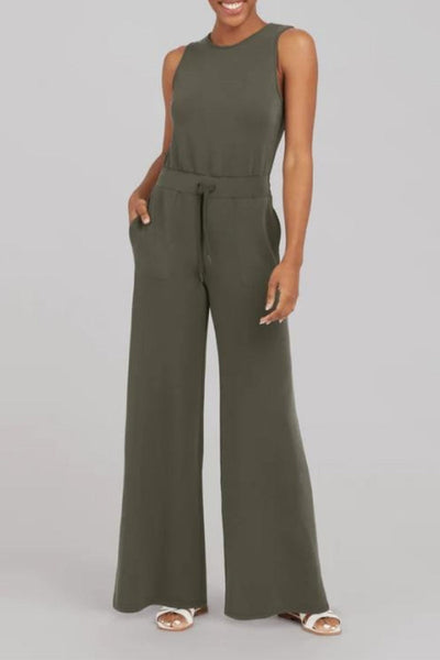 Casual Daily Solid Frenulum Buttons O Neck Loose Jumpsuits