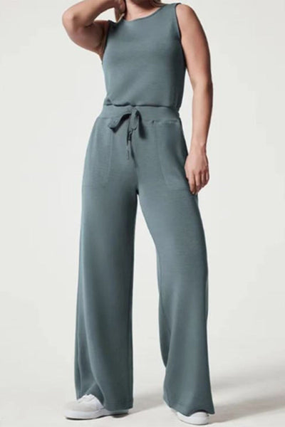 Casual Daily Solid Frenulum Buttons O Neck Loose Jumpsuits