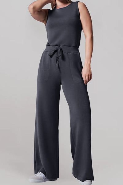 Casual Daily Solid Frenulum Buttons O Neck Loose Jumpsuits