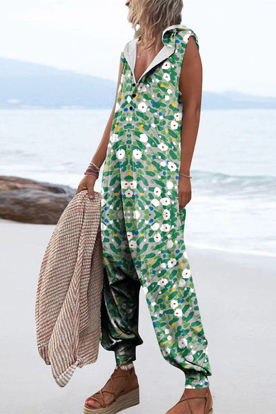 Casual Print Patchwork Hooded Collar Loose Jumpsuits