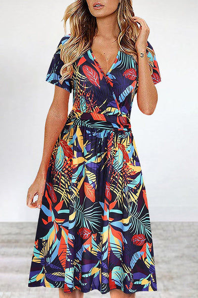 Elegant College Floral Patchwork V Neck A Line Dresses