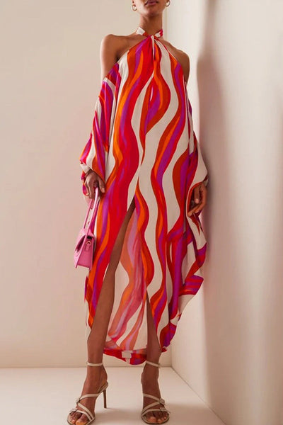 Sexy Vacation Striped Contrast Halter Irregular Dress Dresses