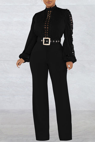 Casual Solid Hollowed Out Patchwork With Belt O Neck Straight Jumpsuits(With A Belt)