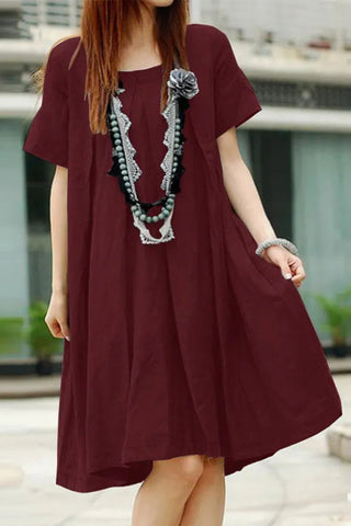 Casual Solid Fold O Neck A Line Short Sleeve Dress