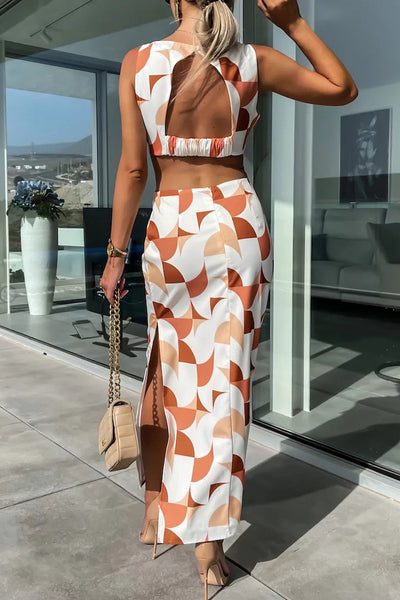 Sexy Celebrities Geometric Print Backless Slit O Neck A Line Dresses