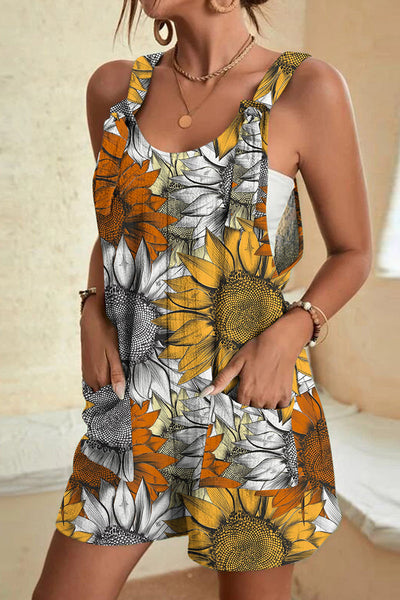 Casual Print Patchwork Pocket U Neck Loose Jumpsuits