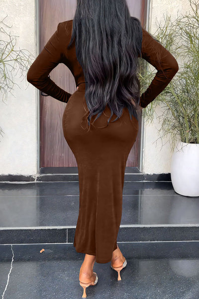 Casual Solid Hollowed Out Slit O Neck Long Sleeve Dresses