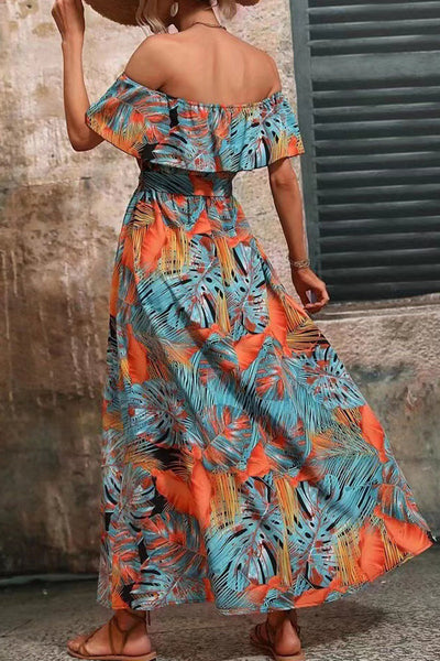 Sexy Vacation Floral Frenulum Slit Off the Shoulder Printed Dress Dresses