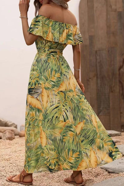 Sexy Vacation Floral Frenulum Slit Off the Shoulder Printed Dress Dresses