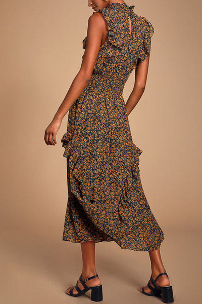 Elegant College Floral Patchwork Turtleneck Waist Skirt Dresses